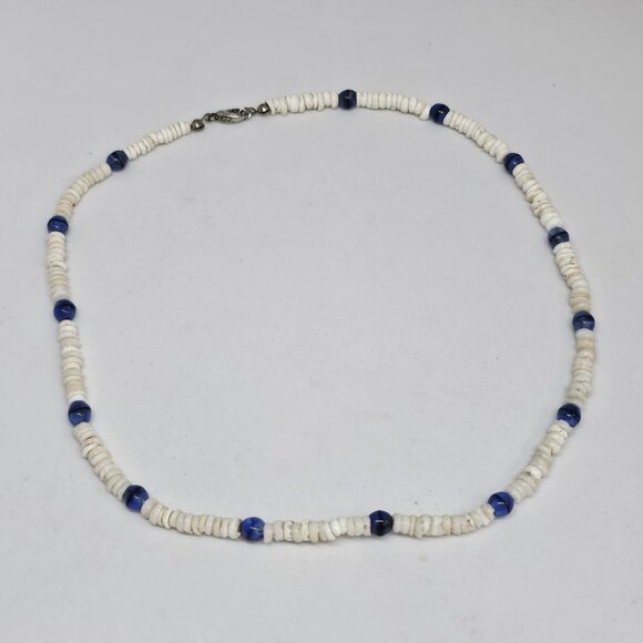 Real White Puka Shell Blue Glass Bead Necklace Surfer Choker 18" Surf Boho - Picture 3 of 9